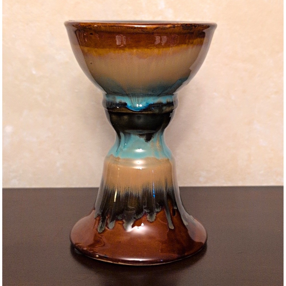 Drip Glaze Art Pottery Taper Candle Holder Brown Blue Black Glossy 8 in